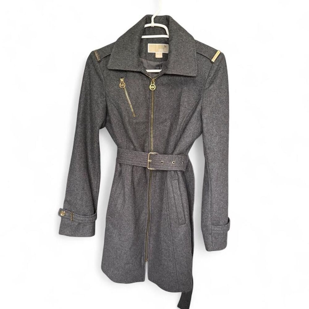 Michael Kors Womens Wool Blend Coat Size 4 Gray Belted Gold Hardware Zip